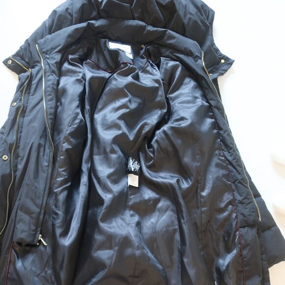 Womens Cole Haan Black Down Cluster With Feather Fill Hooded Midi Puffer Coat L - Picture 13 of 16